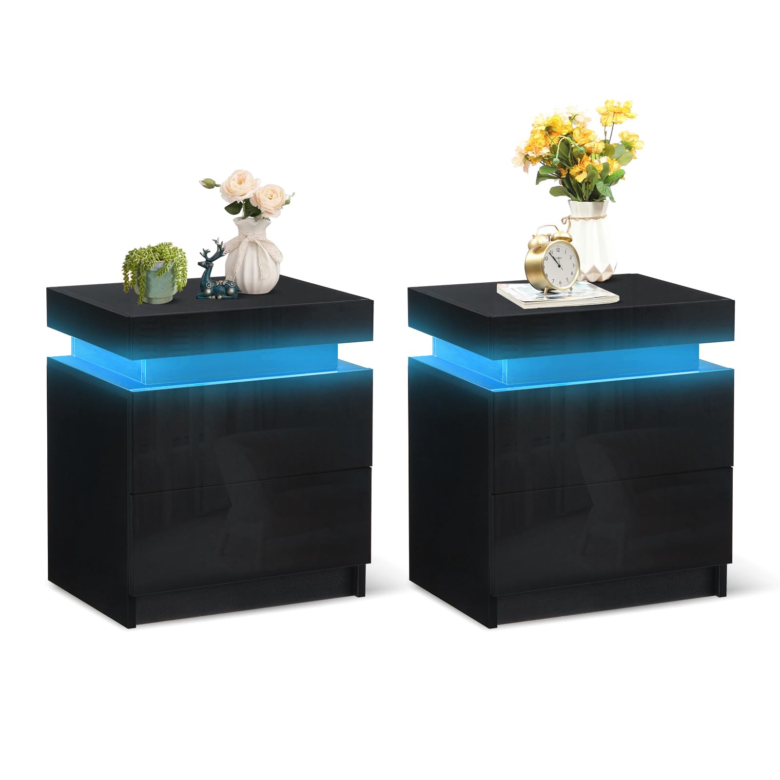 TUKAILAi Modern Nightstands Set of 2 with LED Light, Smart Bedside Table with 2 Drawers and Flip Top Storage Cabinet, High Gloss Side Table End Table