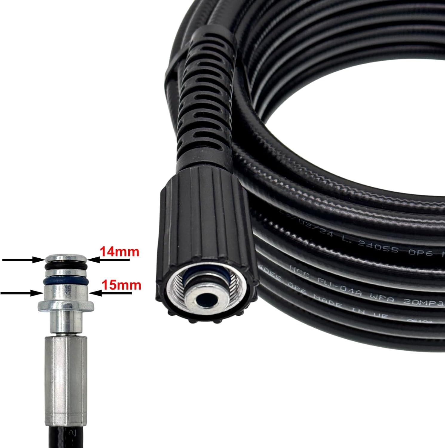 M&M Smartek manguera tuberías 50 m M22 IG, boquilla rígida + giratoria | Kit desatascador con manguera, adaptadores y boquillas según variante; comprobar conexiones, presión, contenido y equipo.