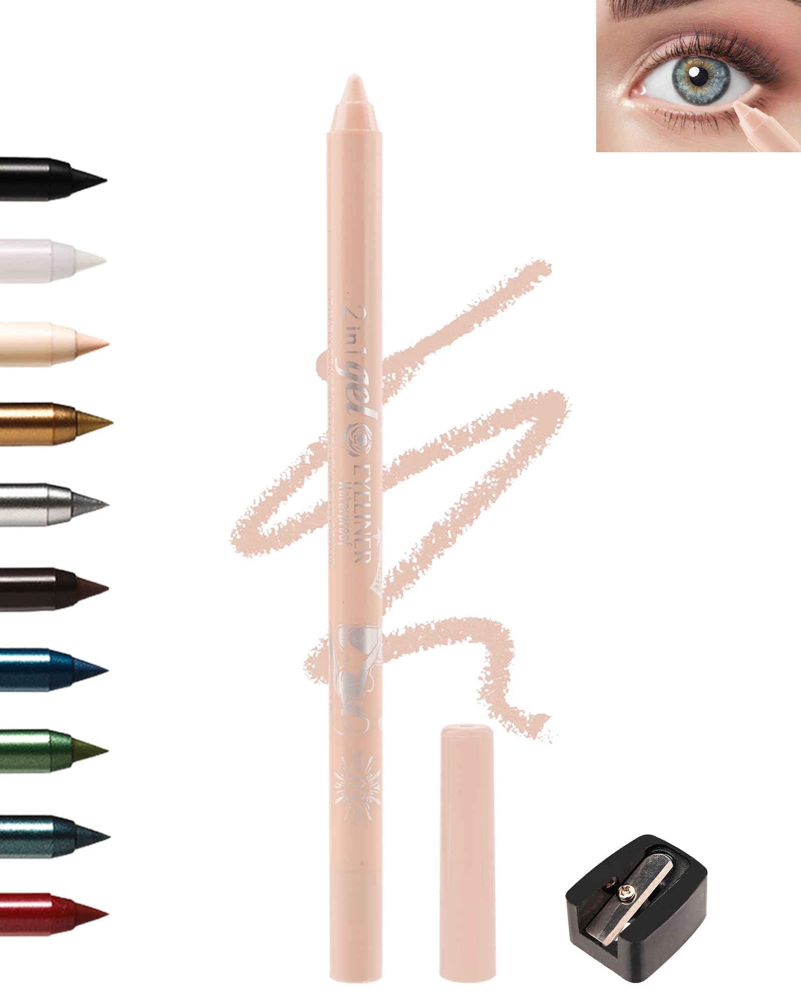 Nude Waterline - Lápiz delineador de ojos de gel, delineador de ojos color melocotón, impermeable, a prueba de manchas, delineador de ojos de larga estancia con sacapuntas, seguro para ojos sensibles,