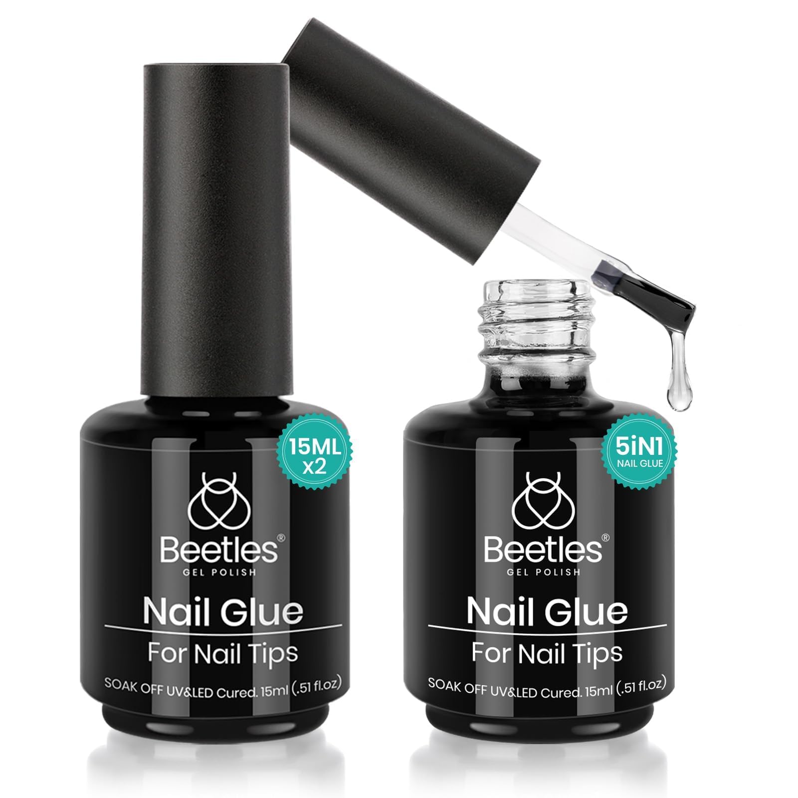 Beetles 2 in 1 Nail Glue and Base Gel Kit for Acrylic Nails, 2PCS 15ML Super Strong Nail Glue Gel for False Nails and Gel Nail Polish, UV/LED Lamp Required