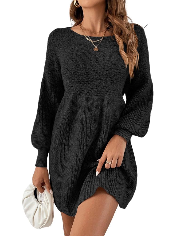 Saodimallsu Damen Rundhals Strickkleid Puffärmel Hoch Tailliert Pulloverkleid Elegant Strickpullover Kleid A-Linie Minikleid