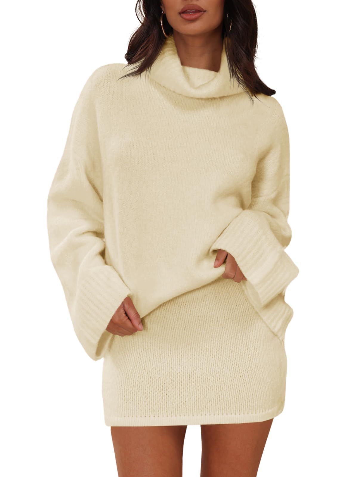 Langwyqu Womens 2 Piece Outfits Sweater Sets Turtleneck Oversized Sweaters and Mini Skirts Fall Winter Trendy Loungewear