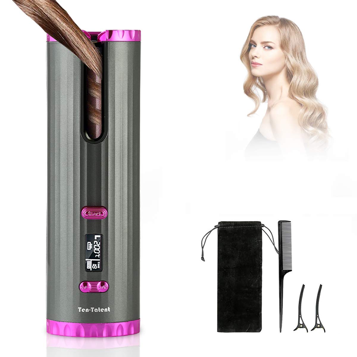 Cordless Automatic Curling Iron, Auto Curling Iron with LCD Display Adjustable Temperature & Timer, Portable Ceramic Hair Curler USB Charging and Rechargeable (Gray)