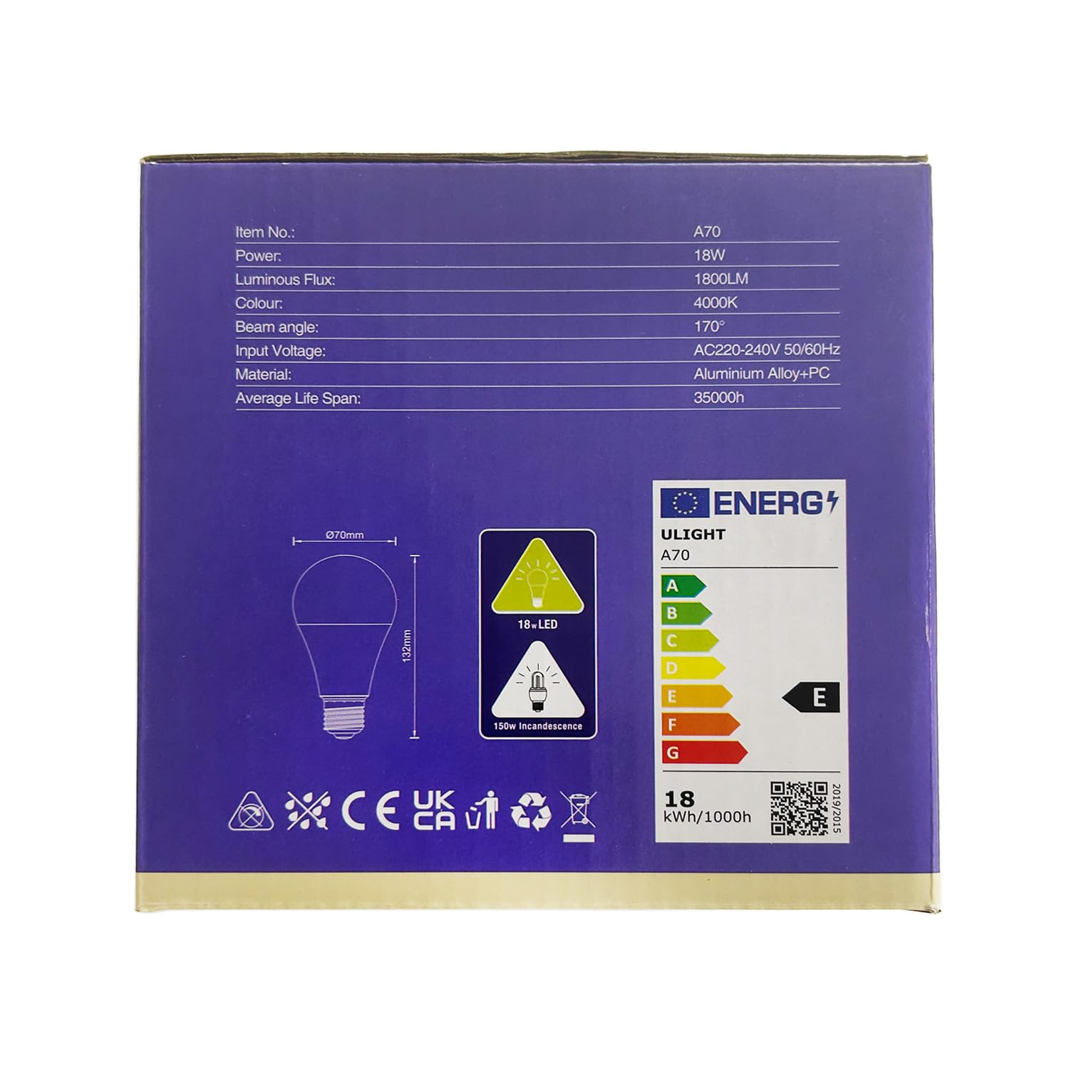 ULIGHT Lampadina LED A70 a Goccia da 18W, Equivalente Incandescente da 150W, Luce Naturale 4000K, 1800lm, Fascio Luce 170°, 220-240V Attacco E27, Confezione da 10