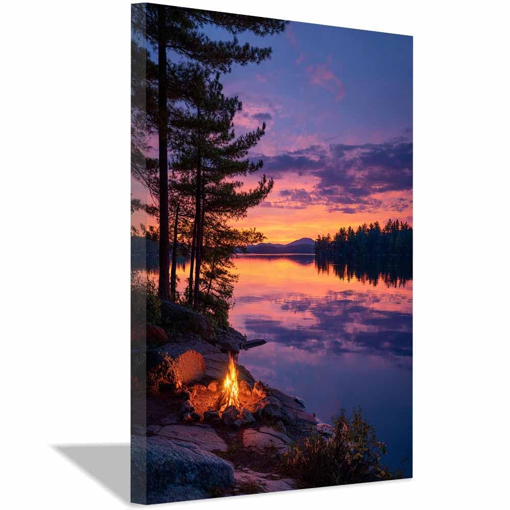 XENIOU landscape poster Lake Sunset Campfire modern canvas wall art, decorative paintings, canvas painting wall art for Home Decor.(Multicolor)-40x60cm Framed