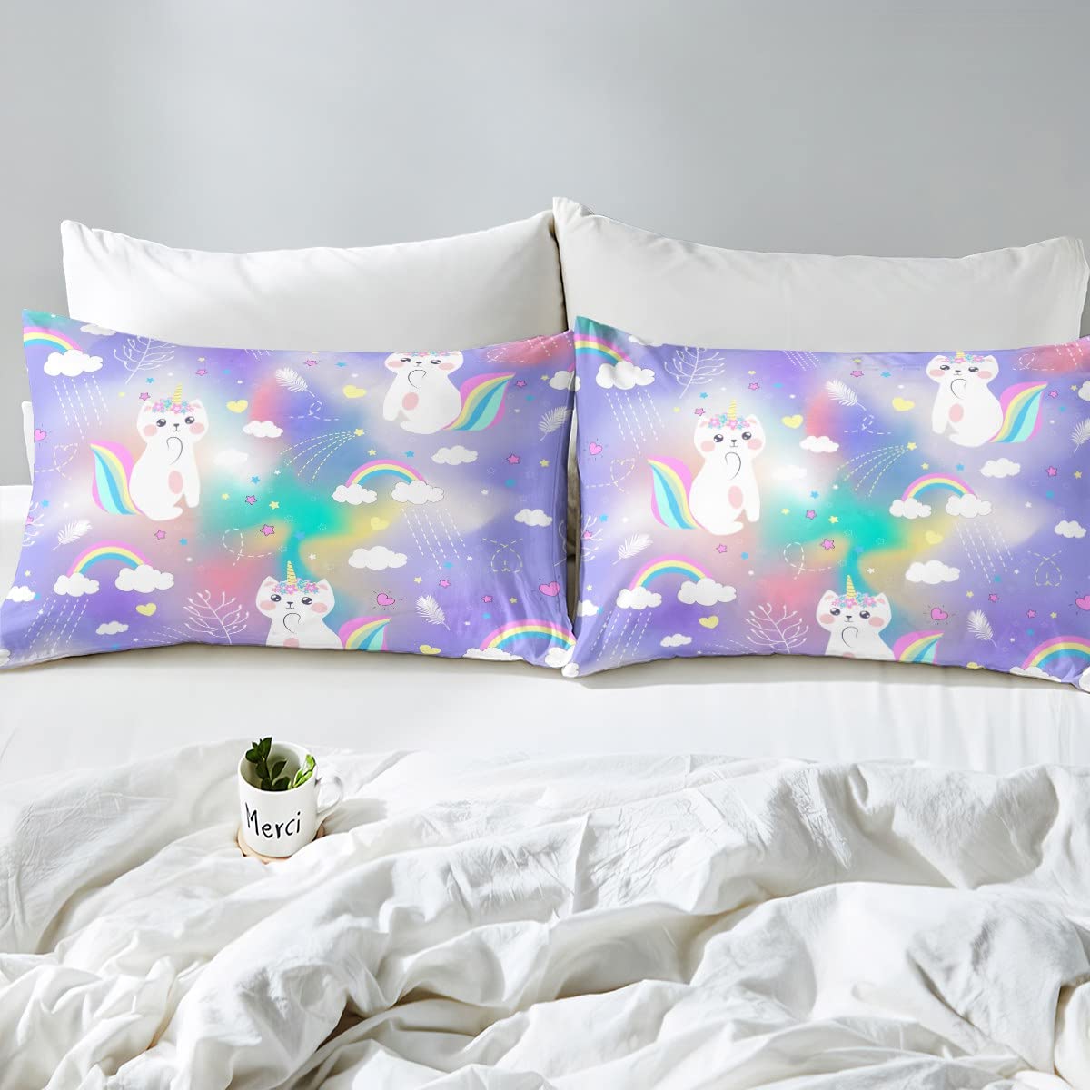 Kitten Unicorn Fitted Sheet Single Size, Kawaii Cat Unicorn Bed Cover with 1 Pillowcase - Image 4