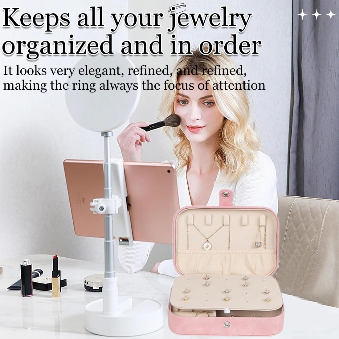 Joyero Pequeño Portátil para Mujer, Caja de Joyas para Anillos, Pendientes, Collares, Pulseras - Rosa