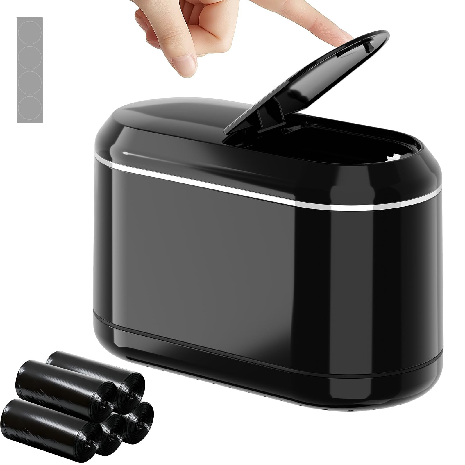 PAVSTINE Mini Desktop Bin with Pop-up Half-cover, Table Top Bin with 5 Rolls of Rubbish Liners, Desk Bins Equipped with 4 Anti-slip Mats, Table Little Can for Bedroom, Office(Black, Half-Cover)