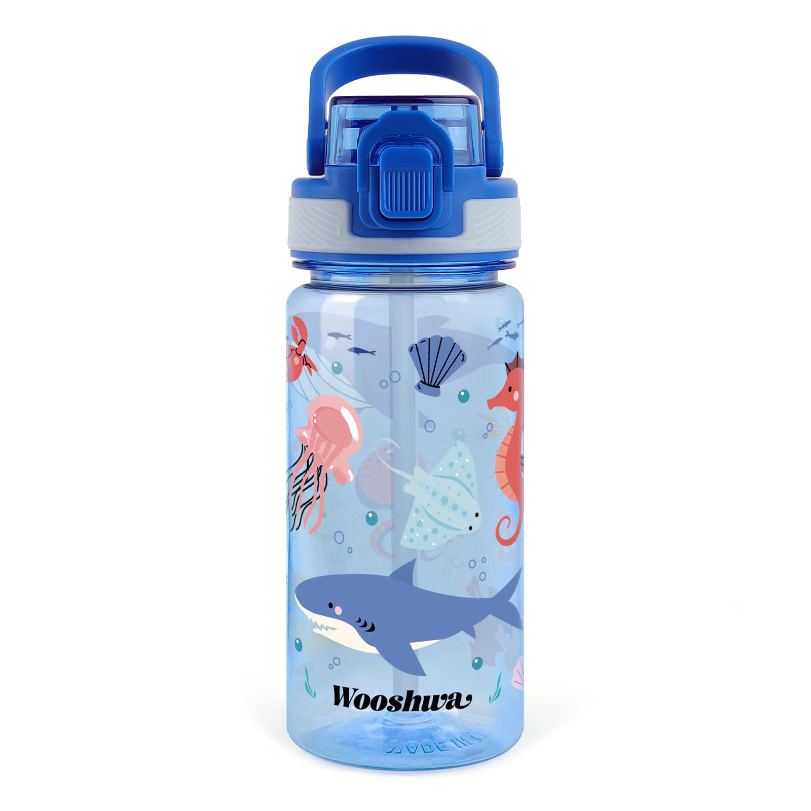 wooshwa Kids Water Bottle for School, 16 Oz Plastic Water Bottle with Silicone Spout and Pop-Up Cover, BPA Free & Dishwasher Safe (Marine Animals) โ image 1