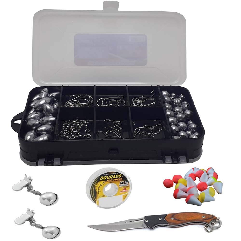 Arqplast Kit de Pesca Estojo Anzol Chumbada linha Boias e Canivete