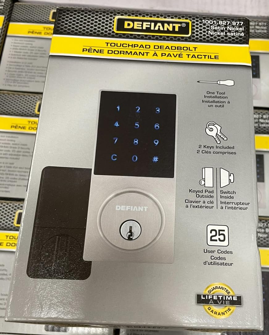 Defiant Touchpad Electronic Deadbolt components and installation steps