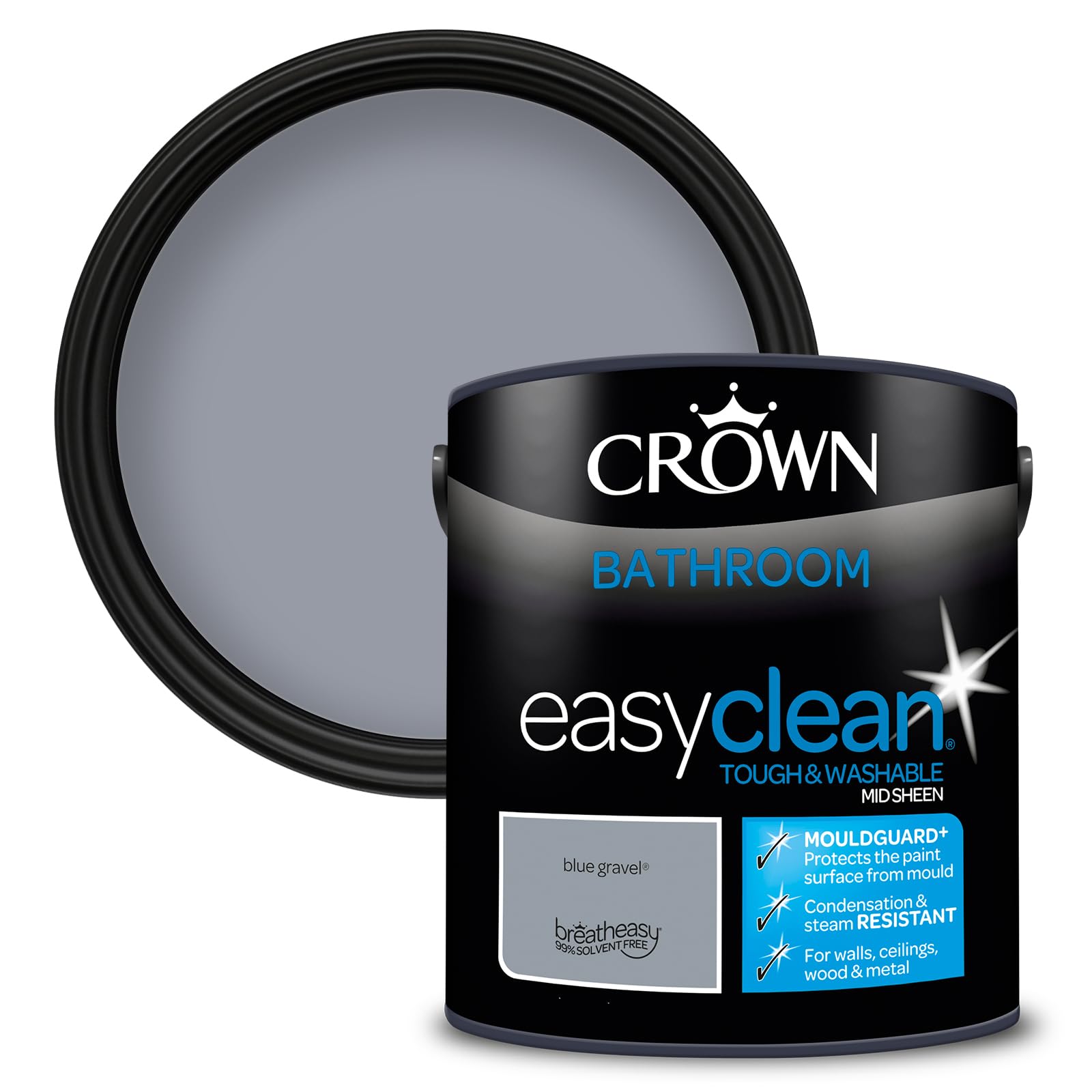 Crown Blue Gravel - Bathroom Paint, Mid Sheen Emulsion - Washable, Mould and Condensation Resistant - Mid Grey Paint - Bathroom and En Suite - Water Based, Low Odour Paint - 2.5L