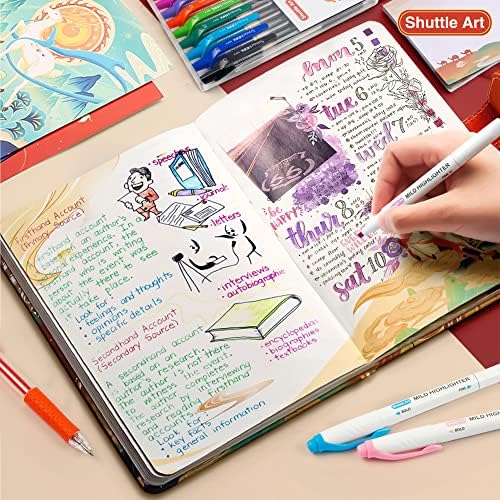 Shuttle Art Journal Pens Set, 10 Colours Dual Tip Highlighters and 10 Colours Retractable Coloured Gel Pens, Perfect for Kids and Adults Bullet Journaling, Highlighting, Writing, Office Home School