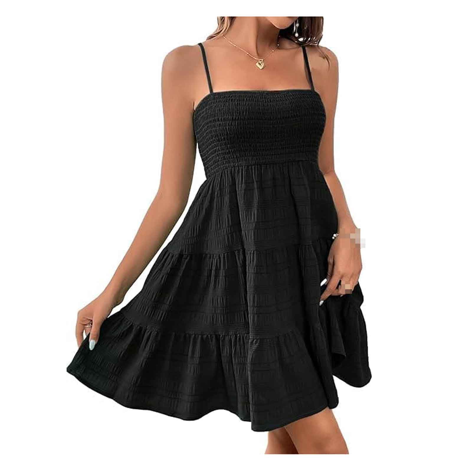 INFJMH Women Spaghetti Strap Mini Dress Summer Square Neck Smock Cami Dress Casual Sleeveless Elastic Ruffle Hem Tiered Sundress