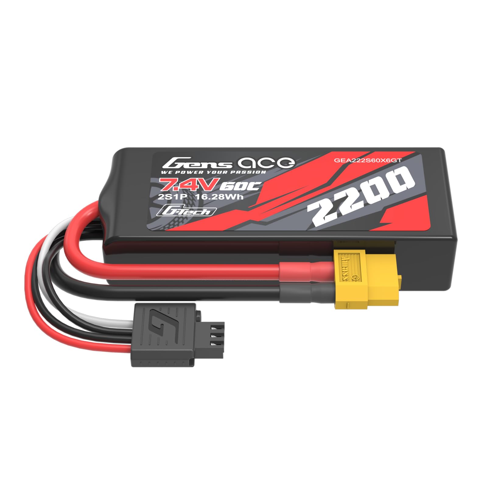Gens ace 2s Batería Lipo 2200mAh 7.4V 60C con XT60 y Enchufe G-Tech Negro para Helicóptero, Barco RC, Vehículo 1/16