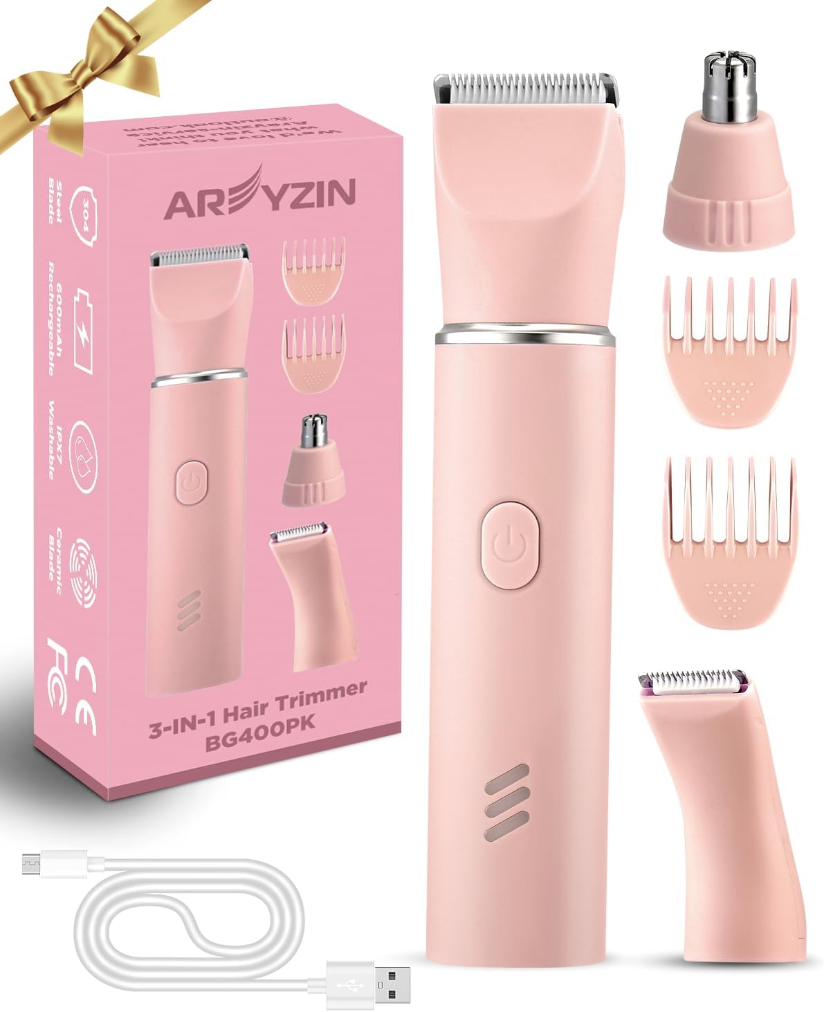 AREYZIN Bikini Trimmer for Women Pubic Hair Trimmer Body Groomer Electric Razors Shavers for Pubic Arms Leg Hair Removal, with Extra Nose Trimmer Head,Rechargeable,IPX7 Waterproof,Pink