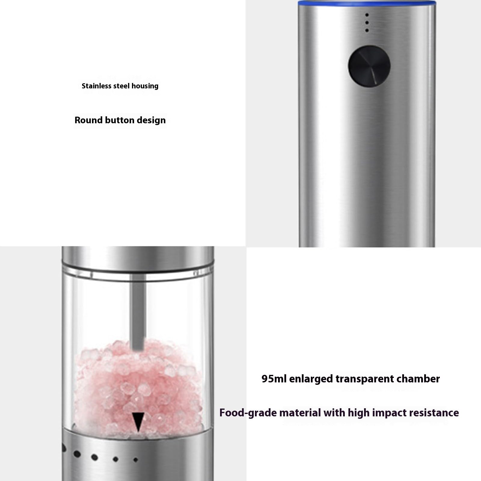 Macinino elettrico automatico per spezie, regolabile con impostazioni grossolane/fini, batteria ricaricabile e gadget da cucina in ABS, camera trasparente