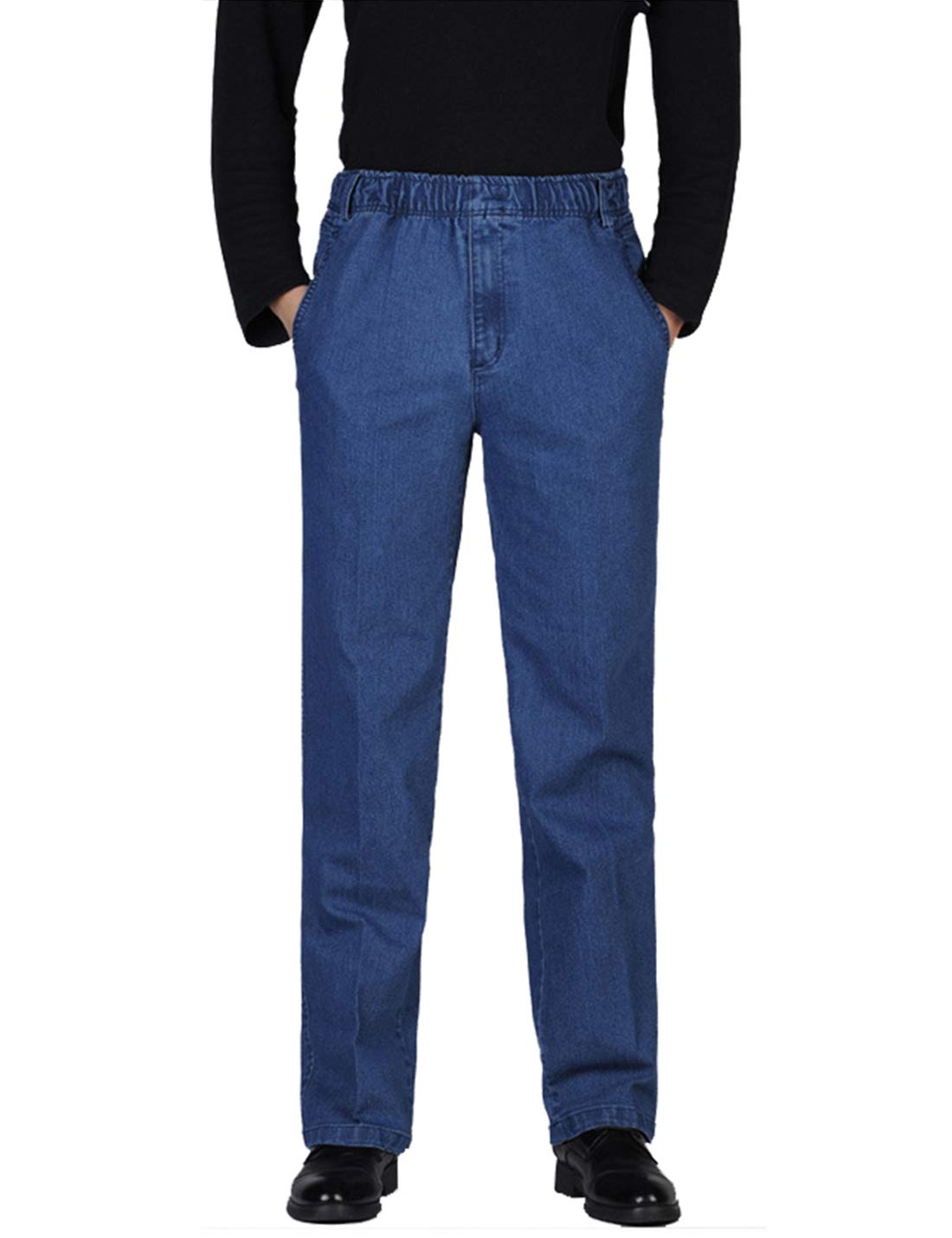 Locachy Men's #1 Light Blue Elastic Waist Denim Pants Casual Loose Straight Jeans, 36