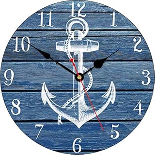 TAHEAT 14 Inch White Anchor Pattern Wall Clock, Non Ticking Silent Clocks, Nautical Retro Wooden Arabic Numeral Clocks, Easy to Read Wall Clocks for Kitchen/ Living Room/ Bedroom