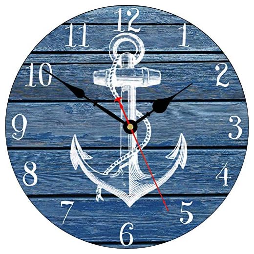 TAHEAT 14 Inch White Anchor Pattern Wall Clock, Non Ticking Silent Clocks, Nautical Retro Wooden Arabic Numeral Clocks, Easy to Read Wall Clocks for Kitchen/Living Room/Bedroom
