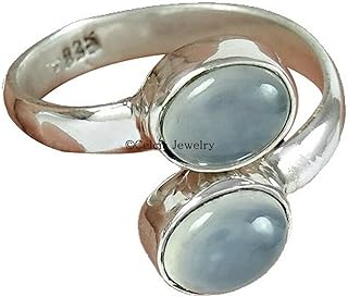Aqua Chalcedony Natural Gemstone Stackable 2 Stone Designer Ring For Women, Wedding Ring, Statement Promise Stylish Delicate Ring, Blue Stone Oval Elegant Ring (Aqua-Chalcedony)