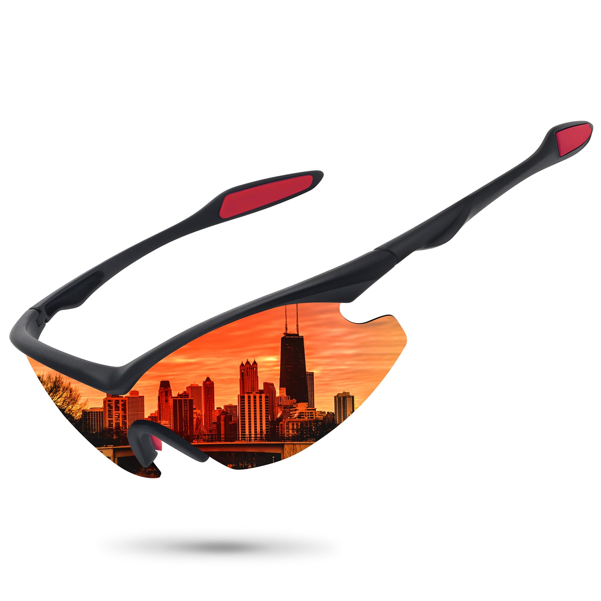 Ofwin Polarized Sports Sunglasses Men Women Fishing Hiking Cycling Wrap Around Half Frame Sun Glasses UV Protection Black Red Mirrored