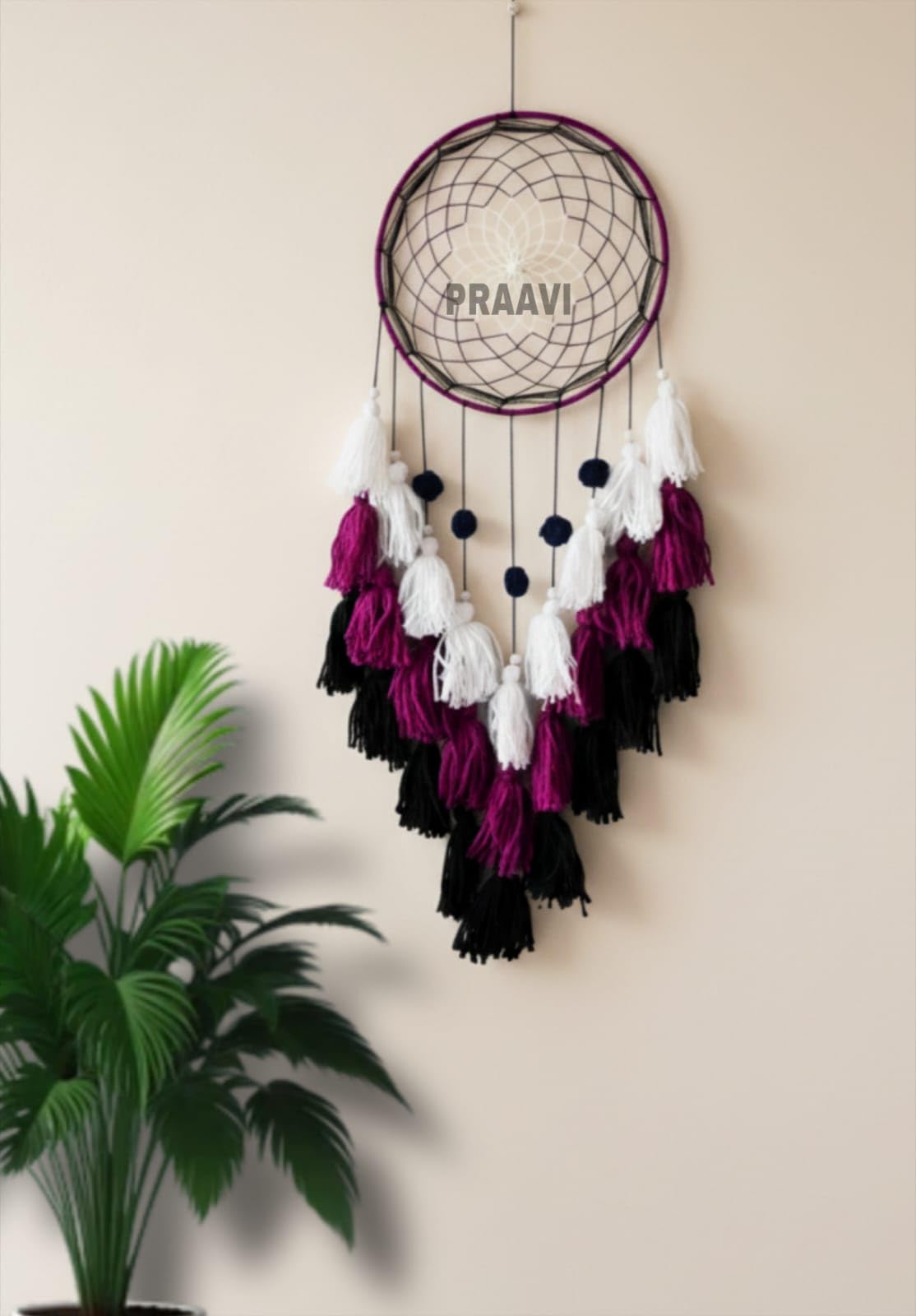 Handmade Dream Catcher for Wall Hanging – 55 cm Large Macrame Dreamcatcher with Tassels | Home Decor for Bedroom, Living Room & Balcony, Wall Hanging Decoration (Cream & Pink & Black)-image-5