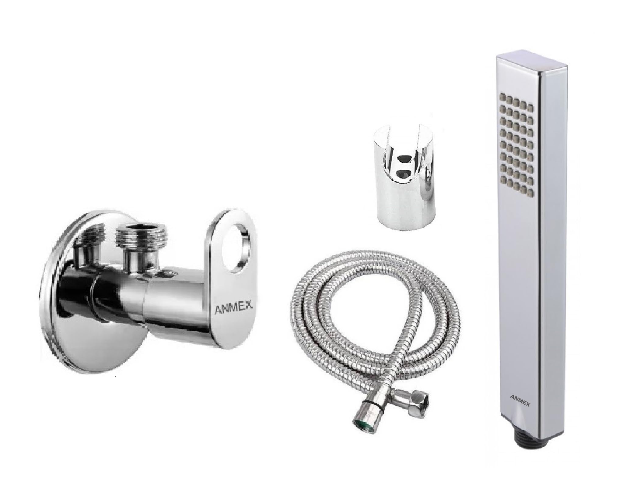ANMEX® Premium ARCTIC (ABS) Hand Spray Hand Shower with 1.5mtr SS Shower Tube and Wall Hook WITH MAXX Stainless Steel Angle Valve & Wall Flange