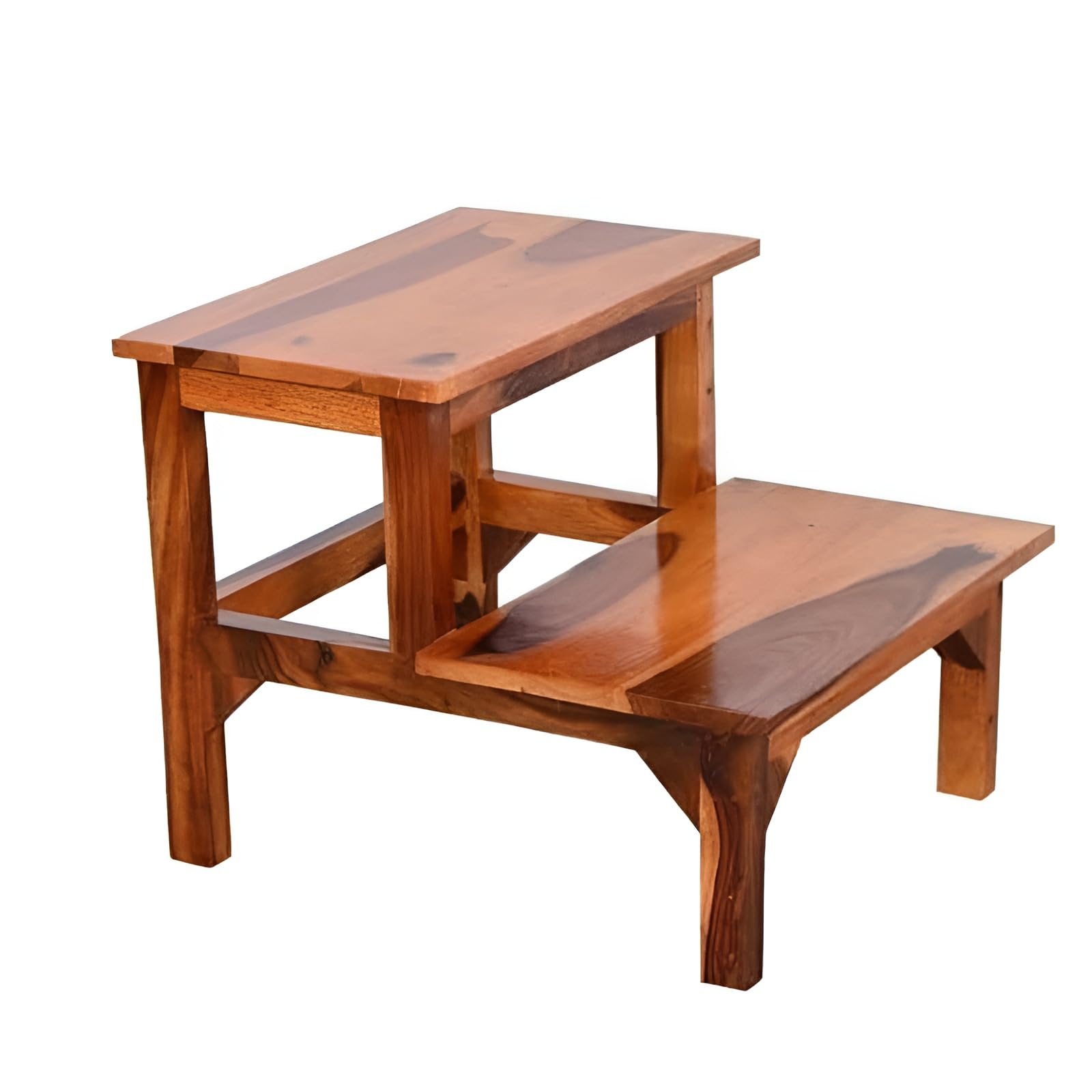 WELLBORN Solid Sheesham Wood 2 Step Stool for Kitchen | Wooden Foot Rest Stool for Living Room | Rosewood Stepping Footstool/Foot Stool | | Multipurpos Two-Step Stool for Home | Teak Finish