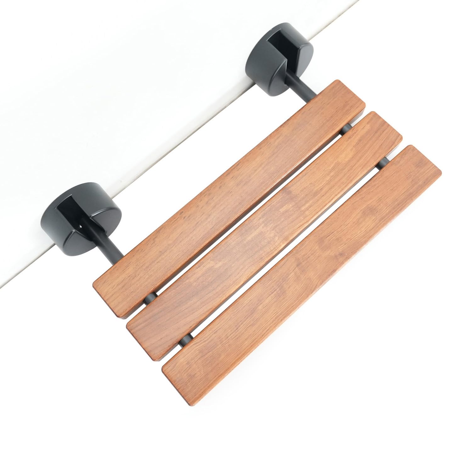 DIYHD 20" Modern Teak Wood Folding Shower Seat,Black Wall Mounted Foldable Shower Bench