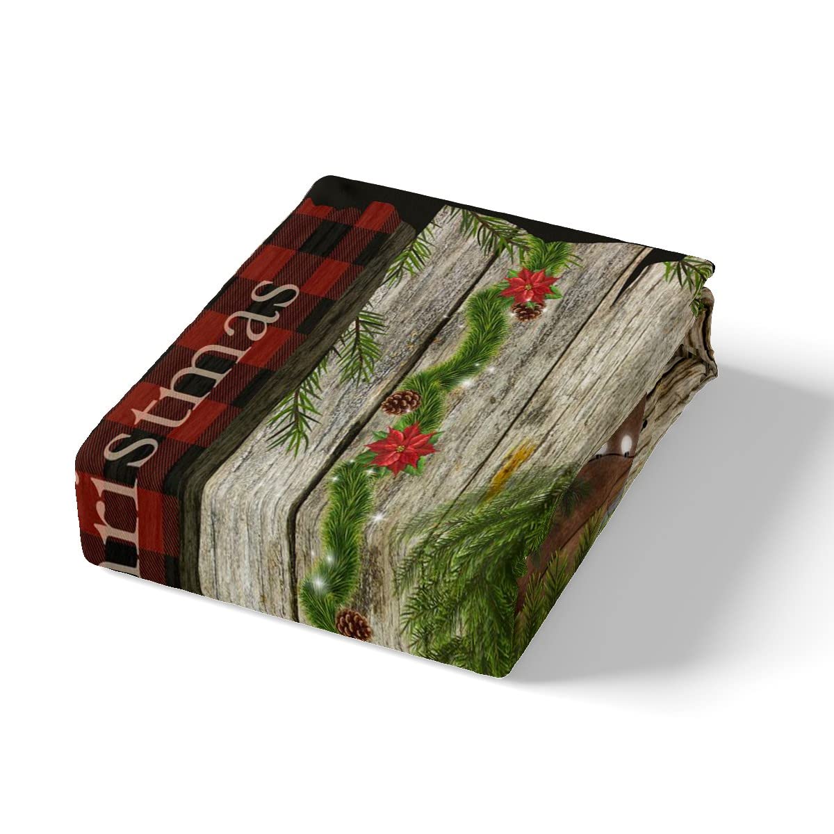 Juego de ropa de cama de coche de camping a cuadros de Merry Christmas para caravana, vintage de viaje con funda de edredón de árbol de pino de Navidad, juego de cama rústico de estilo granja marrón,