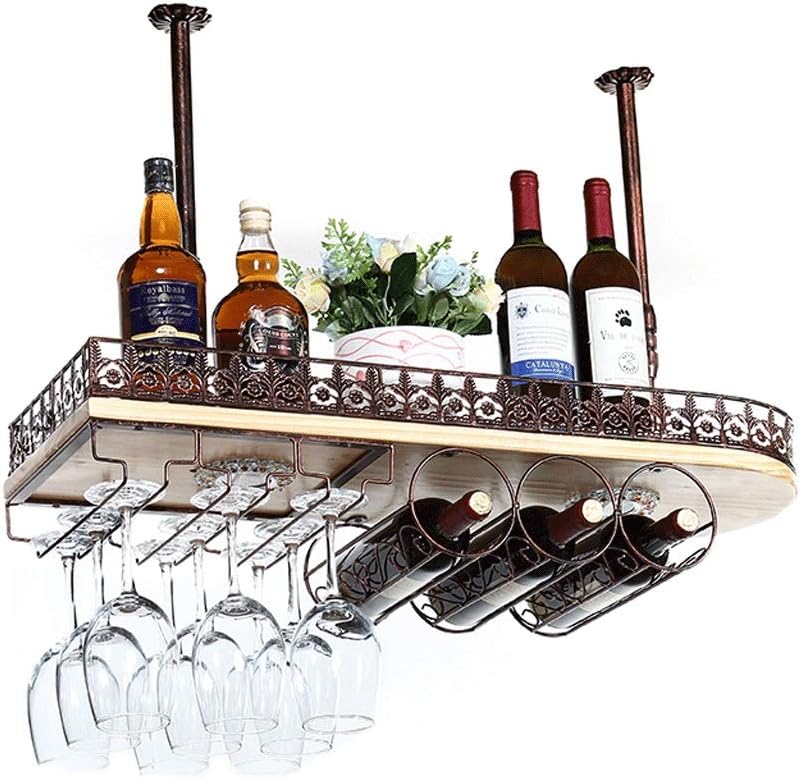 Bottle Holder Glass Holder Wine Glass Rack Solid Wood Hanging Wine Hanger Shelf with Retro Light (White 80 cm)