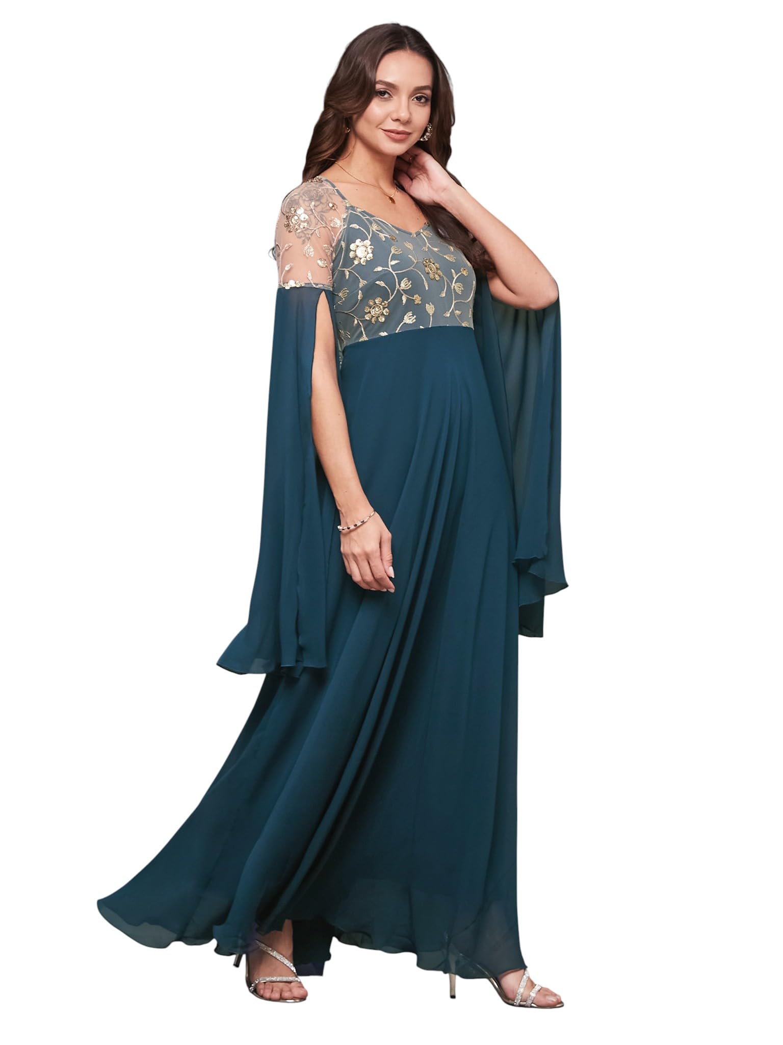 miss chase Women's Halter-Neck Cap-Sleeve Pleated Embellished Georgette Maxi Dress-picture-17