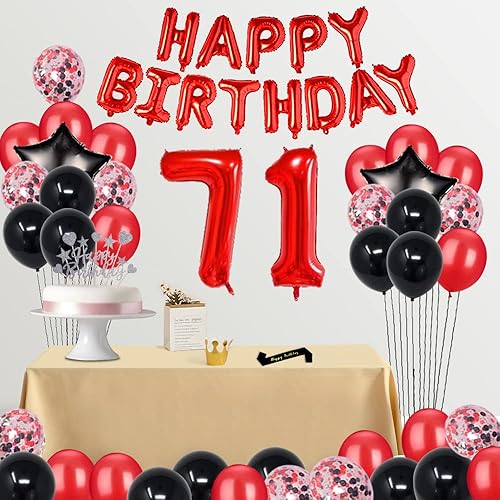 Miniatura 5 de Suministros de decoración de fiesta de cumpleaños número 71, globos rojos y negros, decoración de pastel de feliz cumpleaños, papel de aluminio,