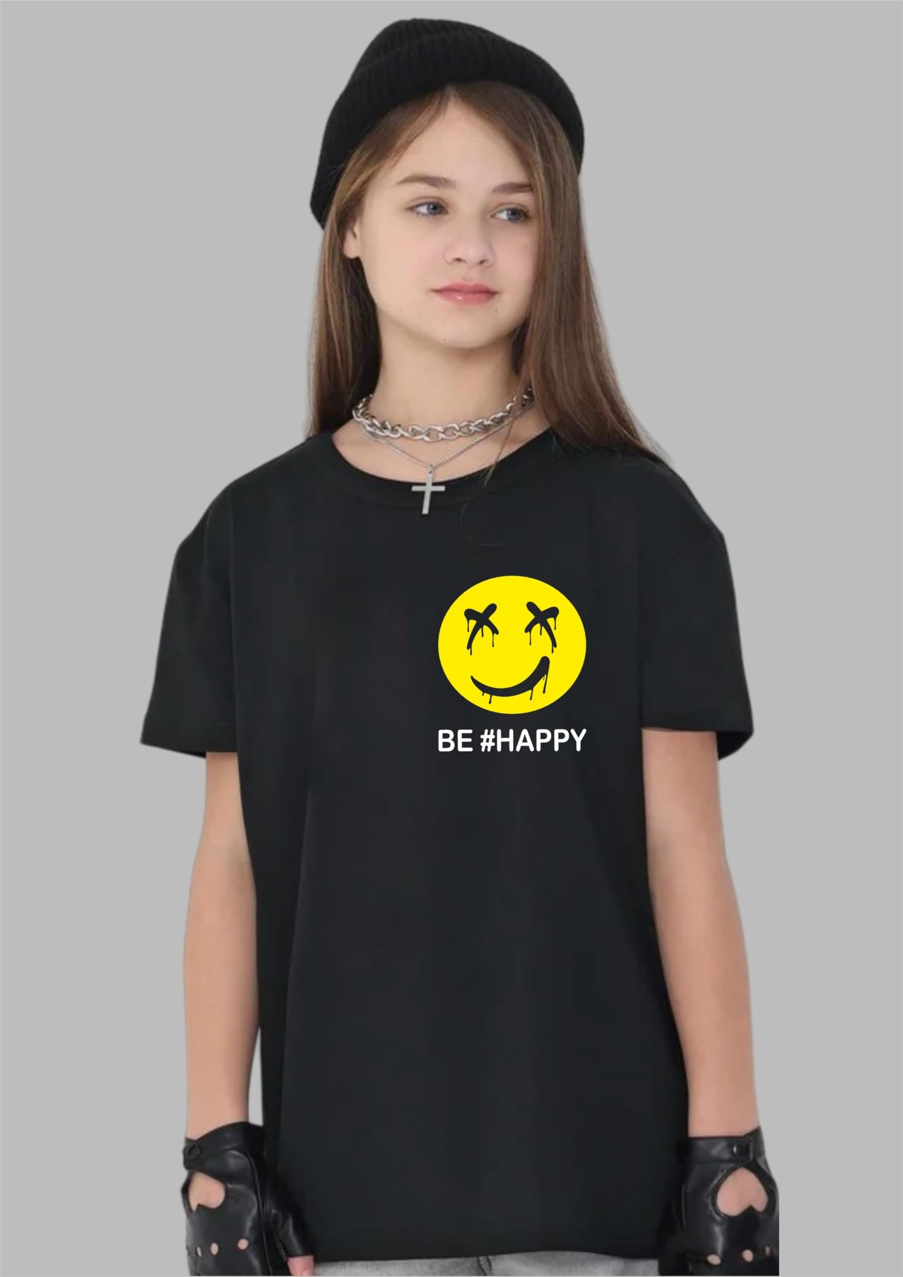 Uniplanet Store t-shirt bambina cotone mezza manica vestibilità normale nero happy emoji
