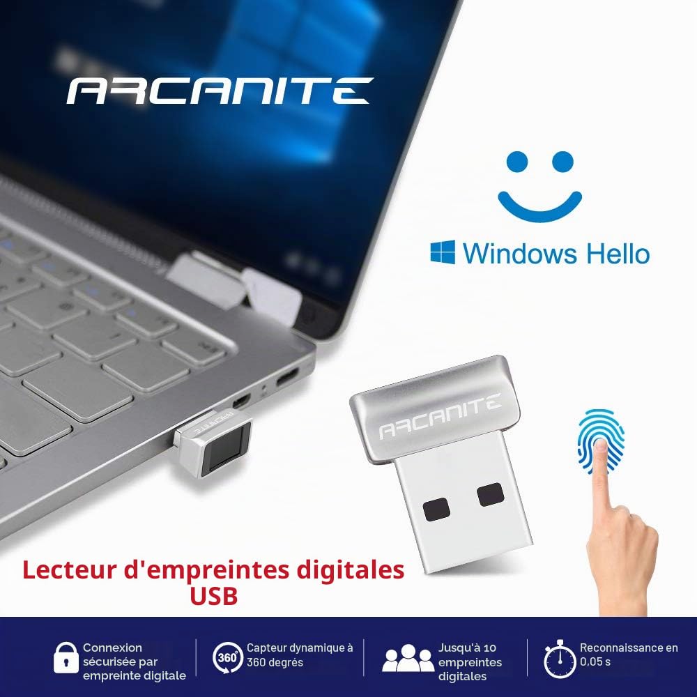 ARCANITE USB Lecteur d'empreintes digitales pour Windows 11/10 Hello, dispositif de sécurité à capteur à 360 degrés 0,05 s