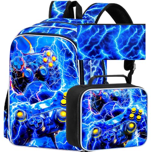 Image of 17 inch Gamer Backpack, Boys Lightning Kids Bookbag with Lunch Box, 3Pcs School Backpacks for Elementary Preschool Kindergarten (Blue)