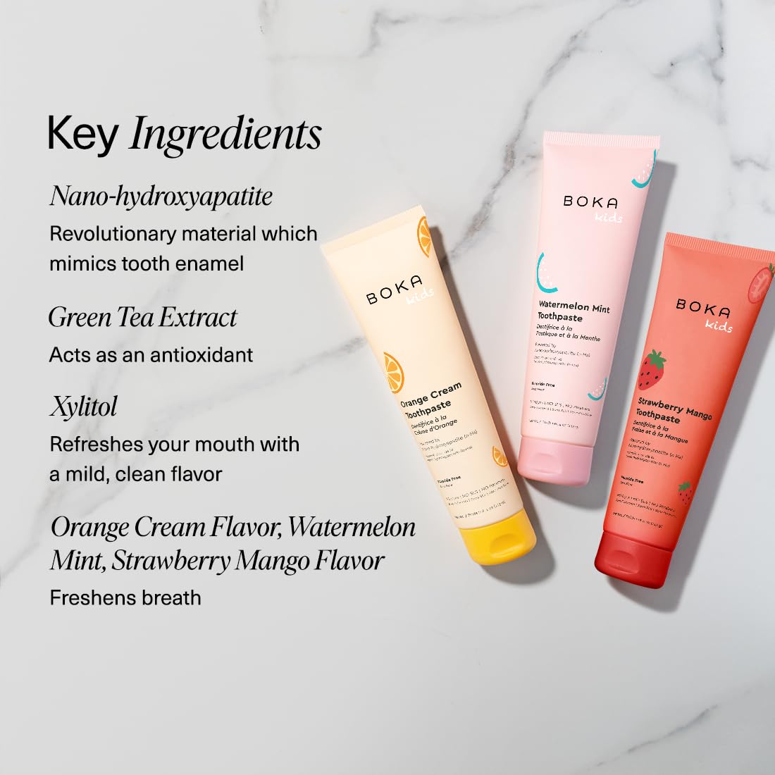 Boka Lot de 3 dentifrices sans fluorure Nano Hydroxyapatite, aide à se reminéraliser, convient aux dents sensibles, blanchissant - pour adultes, enfants - crème orange, menthe pastèque, fraise et