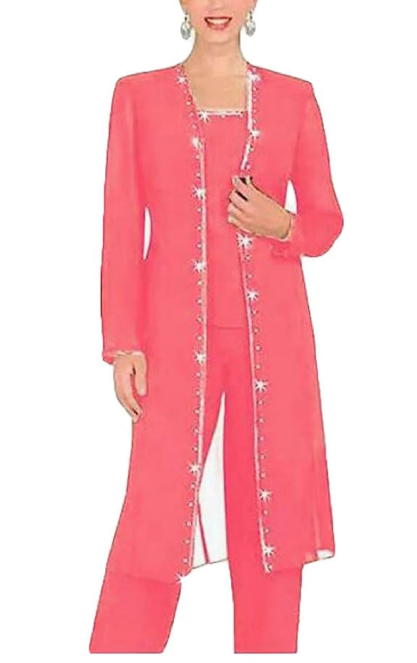 YAUTKA Beaded Appliques Pant Suit for Women Dressy Plus Size Coral Long Sleeve Formal Pant Sets for Wedding US 20