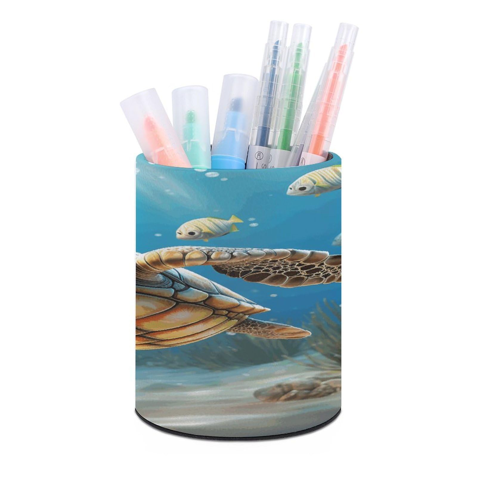 FekiLoot PU Leather Round Pen Holder Cartoon Sea Turtle Pencil Holder Desk Organizer Pen Organizer Pen Cup Pencil Cup Caddy Desktop Stationery Organizers for Office Home Supplies
