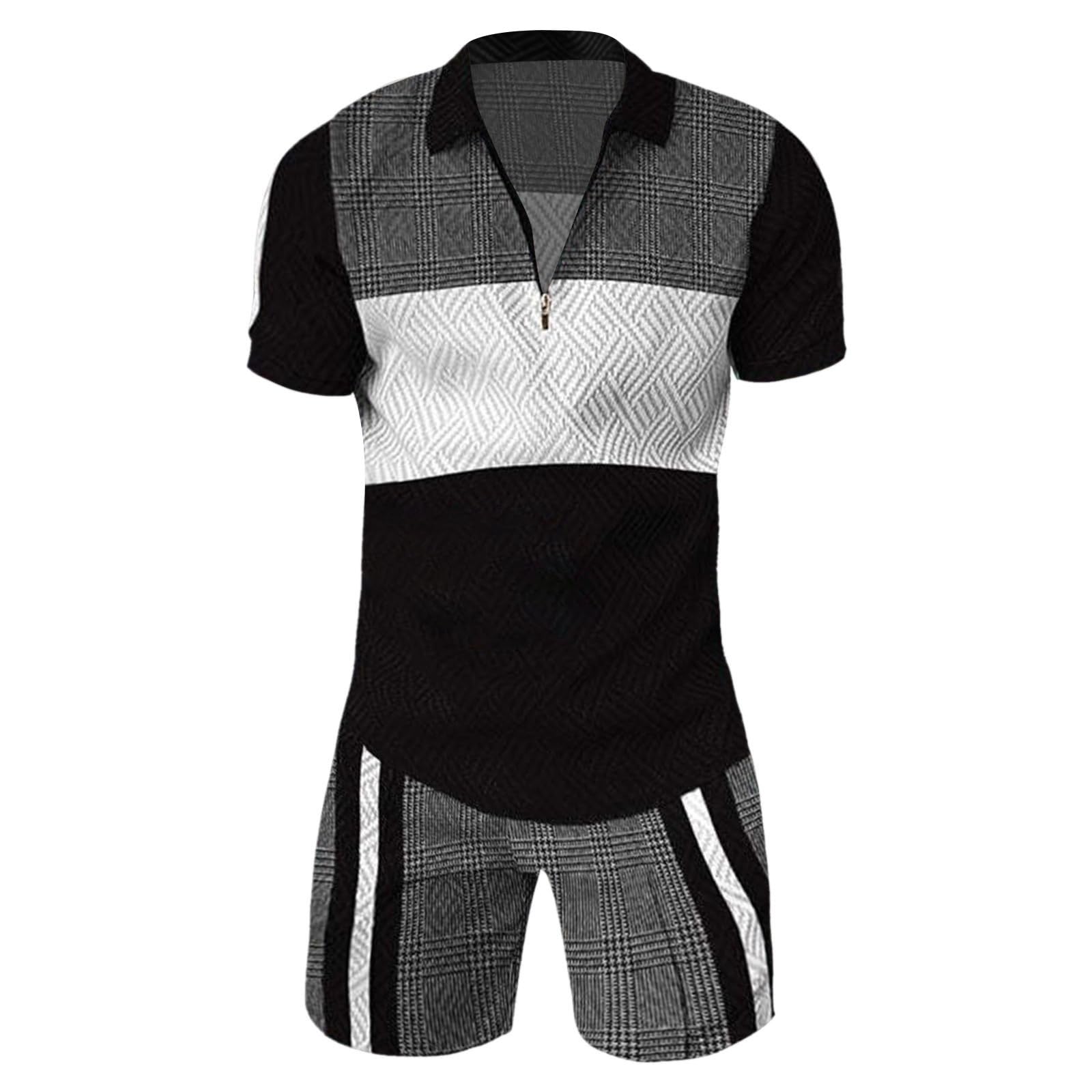Herren Trainingsanzug Set 2-teilige Poloshirts Freizeitshorts Atmungsaktives Joggeranzug Drucken Funktionsanzug Herrenshirts Mode Sportshorts Reißverschluss Freizeitanzug für Outdoor