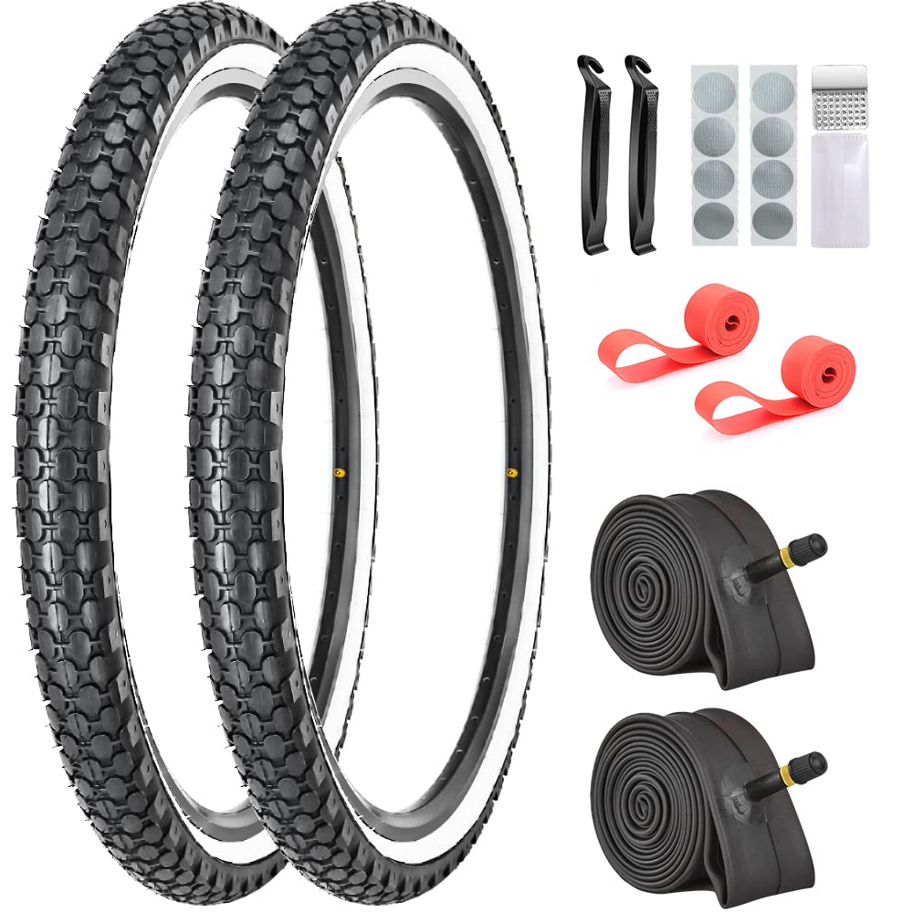 2 Pack 24x2.125 Cruiser Bike Tires White Side Wall with Repair Kit- 2 Inner Tubes,2 Levers,2 Rim Strips, Glueless Patch Kit…