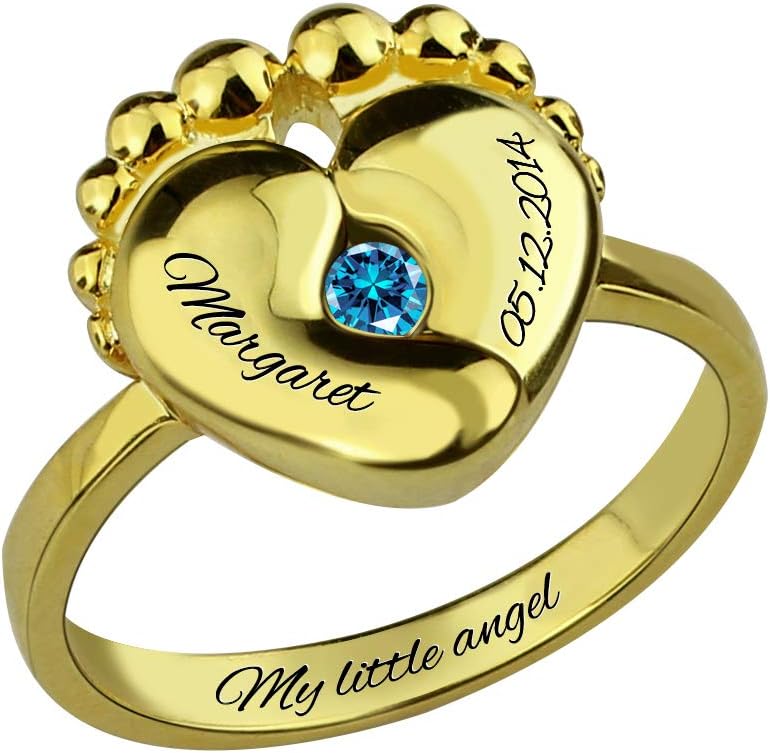 AILIN Personalized Mothers Ring 925 Sterling Silver/Gold/Rose Gold Color Custom Baby Feet Ring With Birthstone Engraved Name Mom Jewelry Gifts For Women