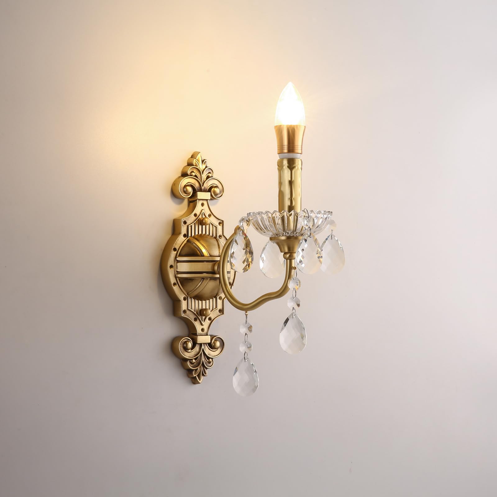 HUAYUSEDF French Brass Crystal Wall Sconces American Retro Candle Living Room Bedroom Bedside Lamp Villa Hotel Study Aisle Corridor Light (H 1 Light)(C 1 Light)
