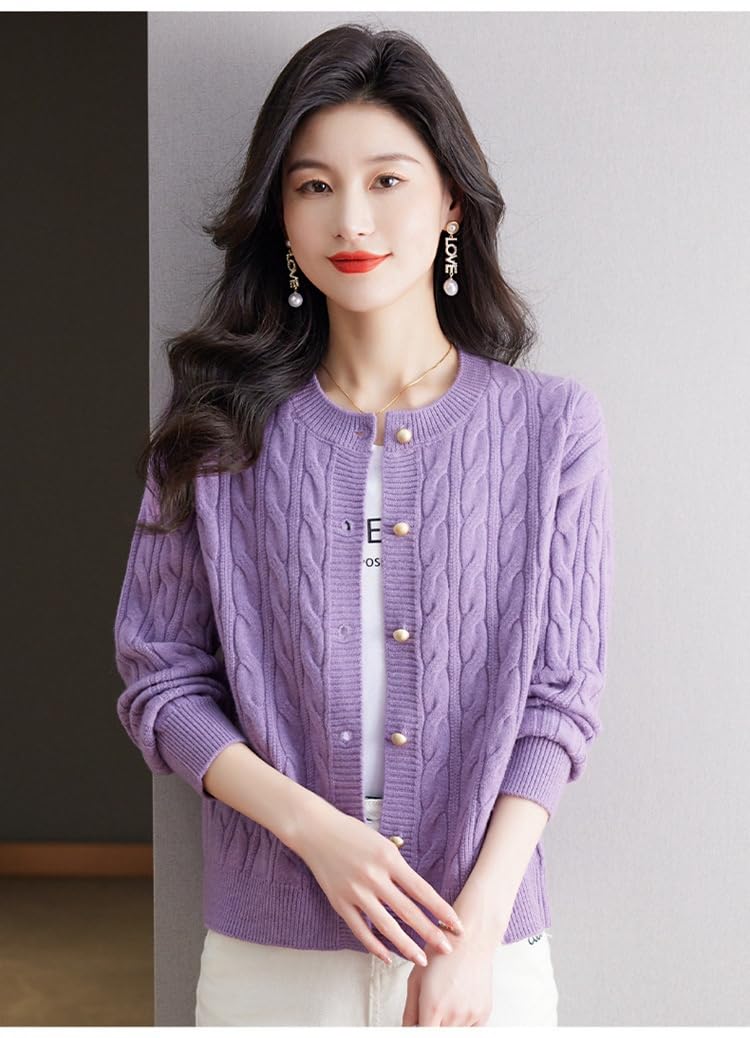 Cardigan Mujer,Cárdigan De Punto para Mujer, Abrigo Tipo Suéter Corto, Color Beige, Manga Larga, Cuello Redondo, Botones, Chaqueta De Punto Trenzado A Rayas, Ropa De Abrigo Corta Informa