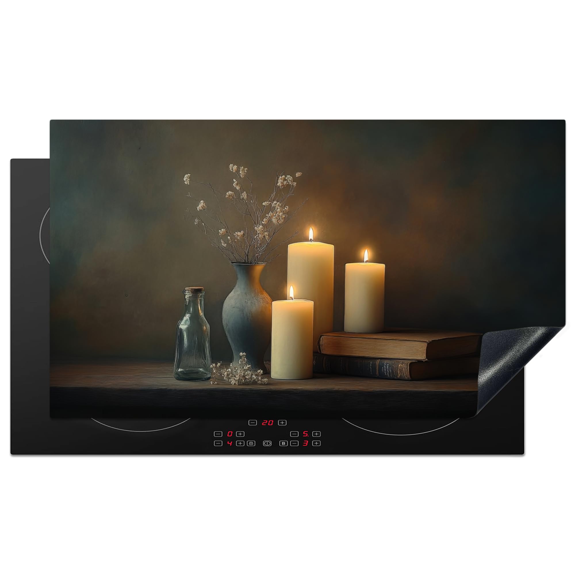 KitchenYeah© Induction Hob Protector Mat 20.5"x35.9" / 91.2x52 cm Stove Cap Top Cover Kitchen Cooker Covers for Electric Hobs Vinyl Candles - Still Life - Rustic - Books