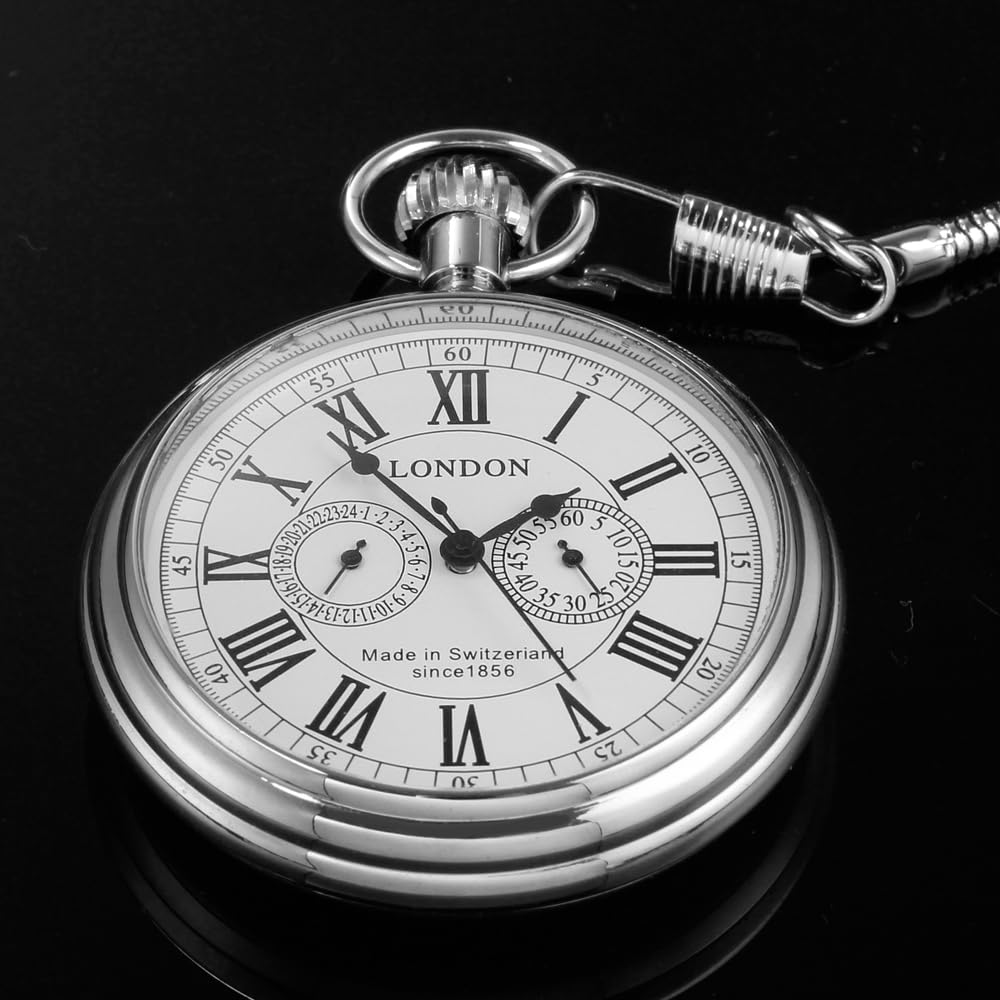 Orologio da taschino in acciaio inox, stile vintage, con disegno di treno londinese, meccanico a carica manuale, con catena