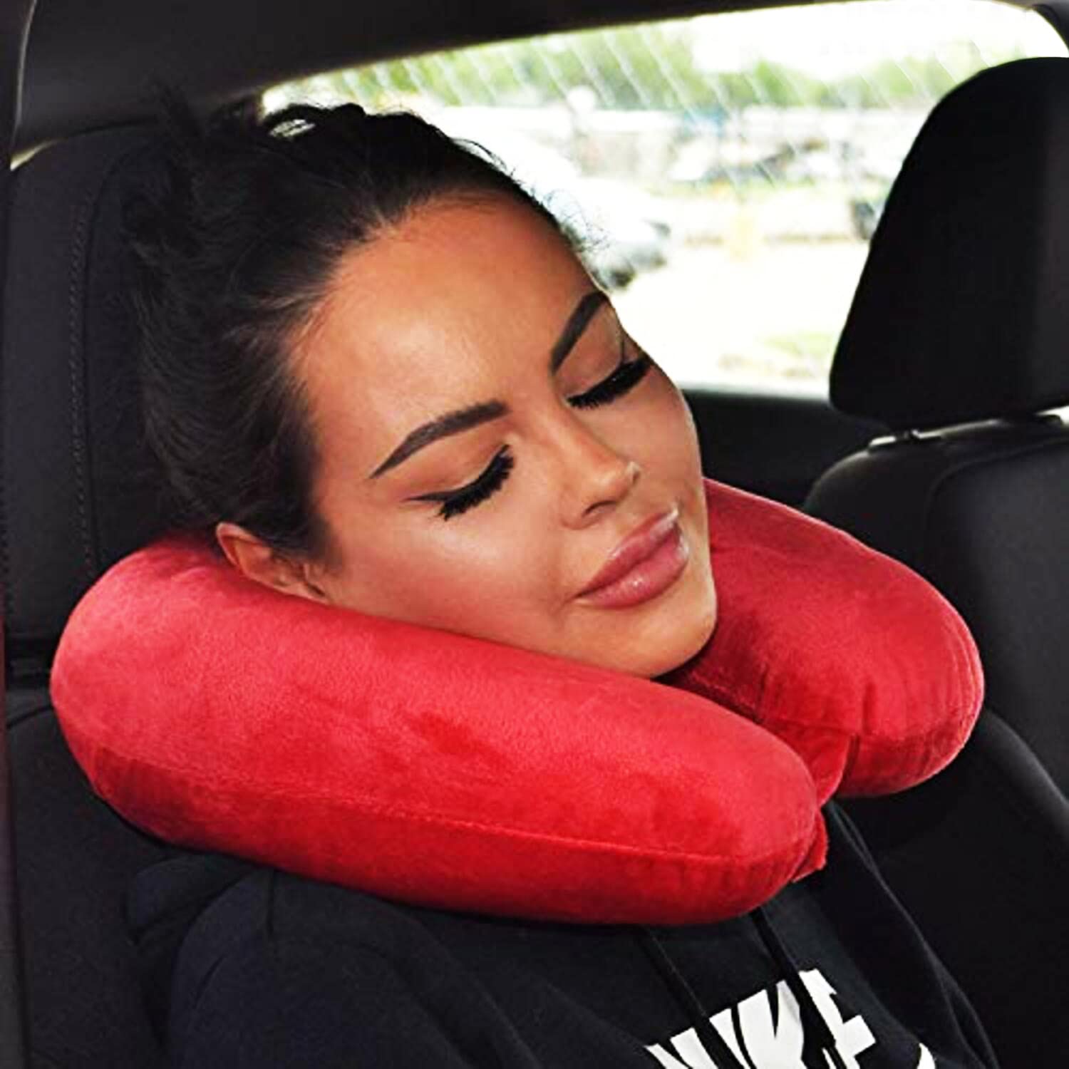 JUZZII Velvet Unisex U-Shaped Pure Micro Fiber Cushions Neck Rest Pillow for Travel - Red