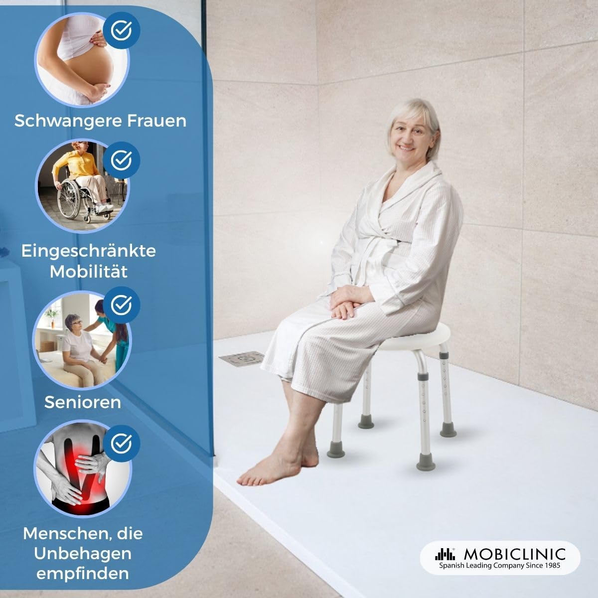 Mobiclinic®, Duschhocker, Höhenverstellbar, Duschstuhl für Senioren, rutschfeste Hülsen, Badestuhl für Menschen mit Eingeschränkter Mobilität, Bis 100 kg, Aluminium und PVC, Leicht, Stabil, Faro