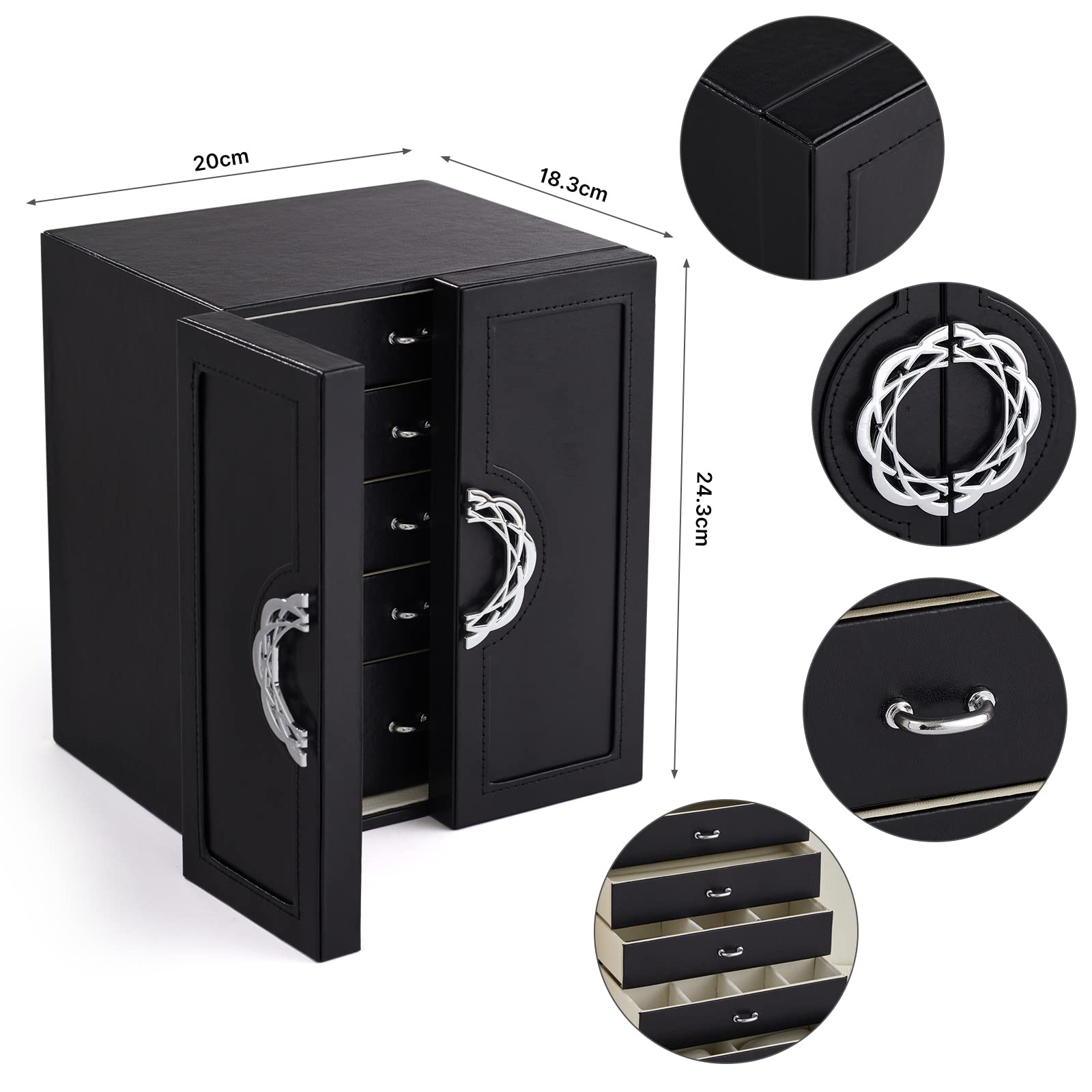 Mondeer Caja de Joyas de 5 Niveles, Joyero Grande, Cajones y Almohada para Relojes, Múltiples Compartimentos de Almacenamiento, Adecuado para Pendientes, Gafas de Sol, Pulseras, Cuero PU, Negro